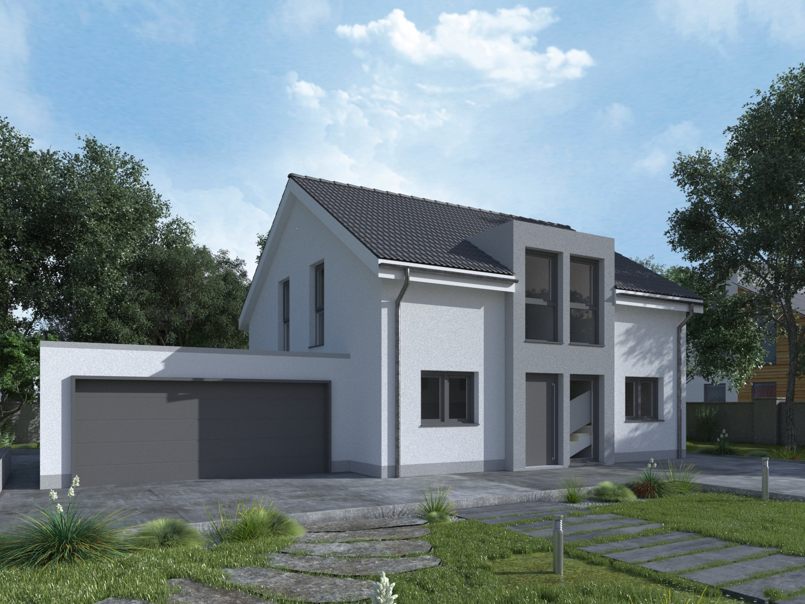 Neubau mit Doppelgarage – Straßenansicht